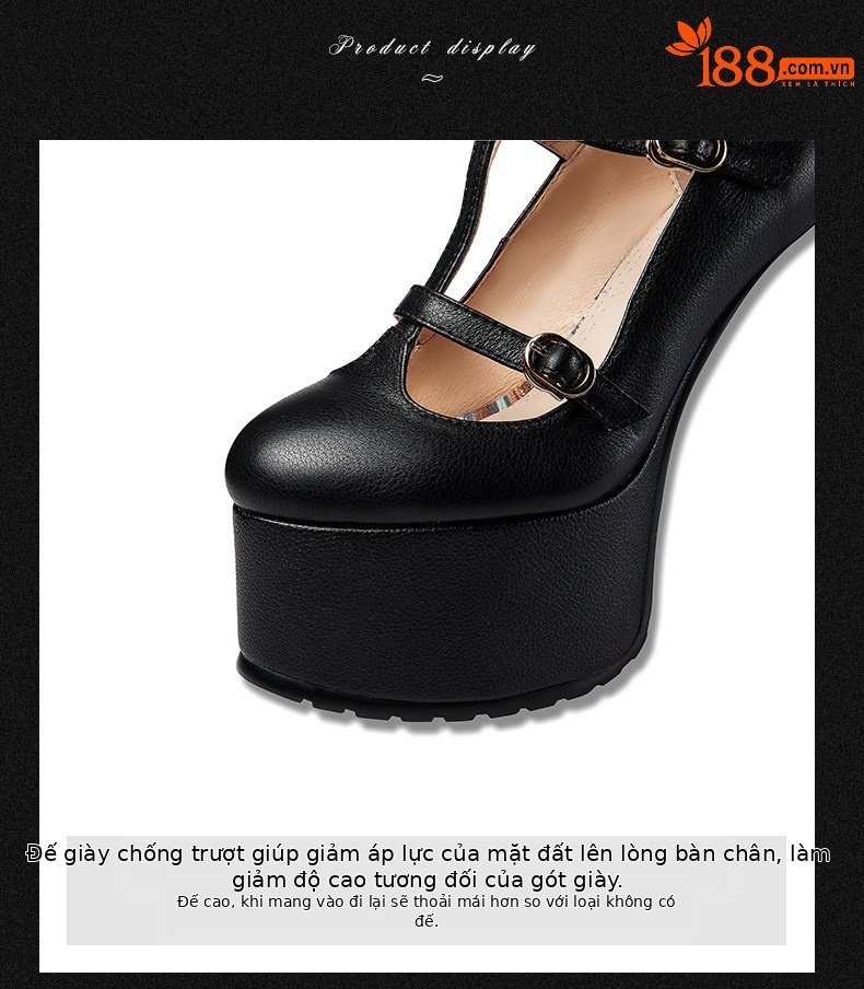 Giày Mary Jane nữ quai T mũi tròn cổ điển, gót siêu cao 8 cm, đế platform chống nước — Đen, Be chi tiết 7