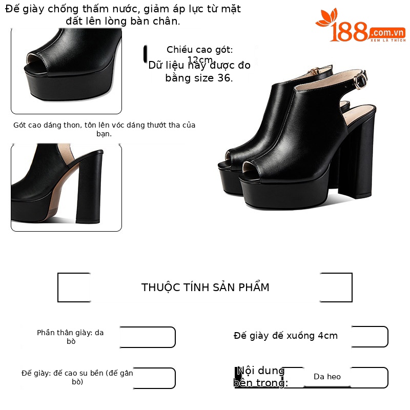 Sandal cao gót nữ mũi cá hở gót, đế platform chống nước, gót vuông dày 9 cm — Đen, Be