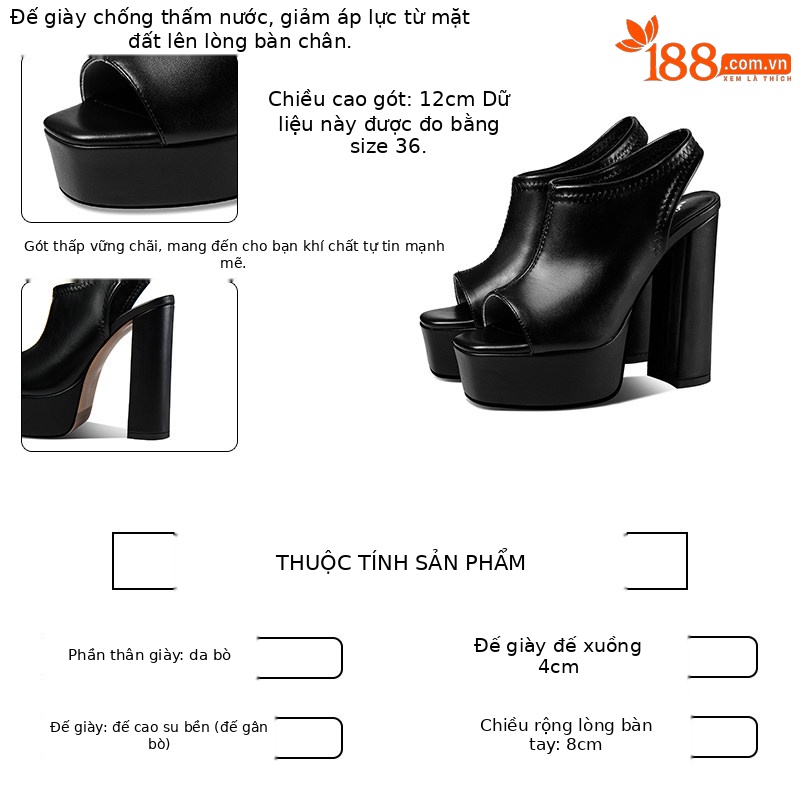 Sandal peep toe nữ gót vuông chunky đế platform da bò thật — Black (Thick Heel 35642), Yellow (Thick Heel 35642), Beige (Thick Heel 35642), Black (Thin Heel 35742)