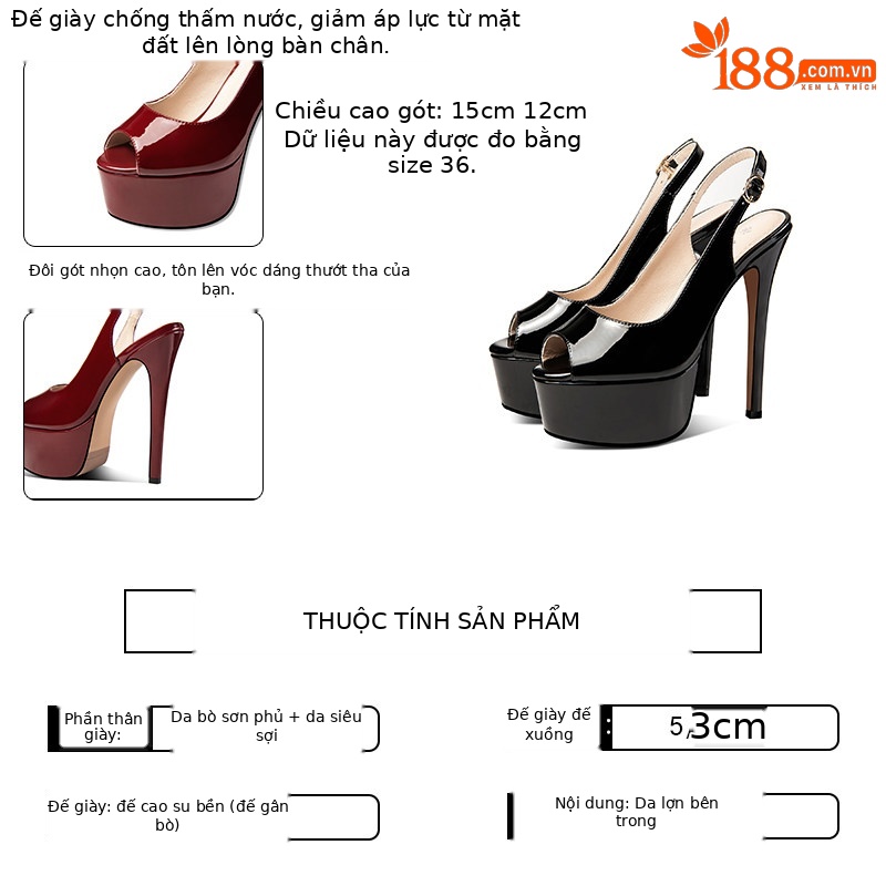 Sandal cao gót nữ hở mũi đế platform chống nước, gót nhọn 12-15 cm — Đen Cao Gót 12cm, Đỏ Rượu Cao Gót 12cm, Đen Cao Gót 13cm, Đỏ Rượu Cao Gót 13cm