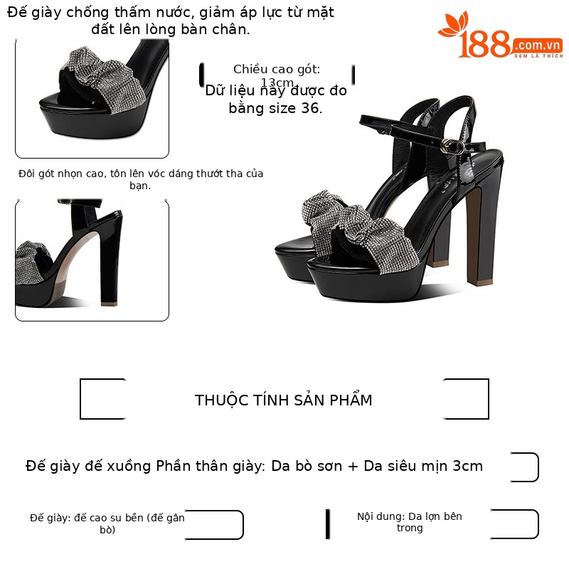 Sandal quai ngang nữ gót vuông cao hở mũi phong cách cổ tích — Đen