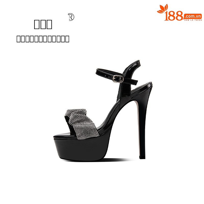 Sandal cao gót nữ hở mũi đính đá gót nhọn 12–15 cm — Đen Cao gót 12cm, Đen Cao gót 13cm, Đen Cao gót 15cm