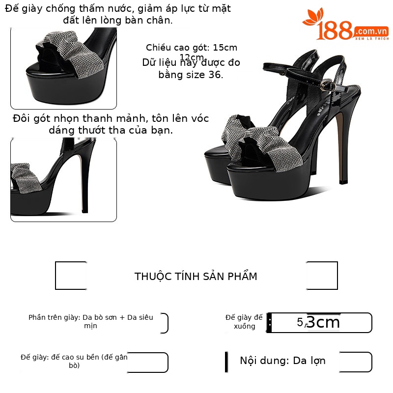 Sandal cao gót nữ hở mũi đính đá gót nhọn 12–15 cm — Đen Cao gót 12cm, Đen Cao gót 13cm, Đen Cao gót 15cm