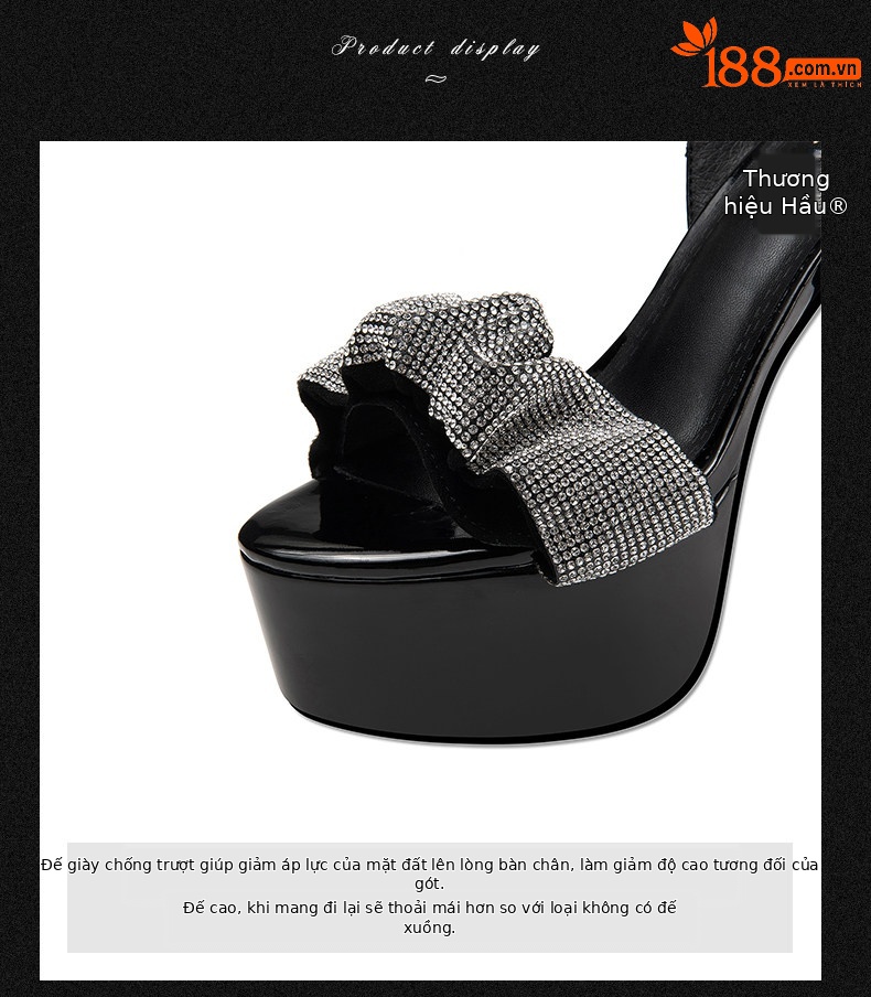 Sandal cao gót nữ hở mũi đính đá gót nhọn 12–15 cm — Đen Cao gót 12cm, Đen Cao gót 13cm, Đen Cao gót 15cm chi tiết 7