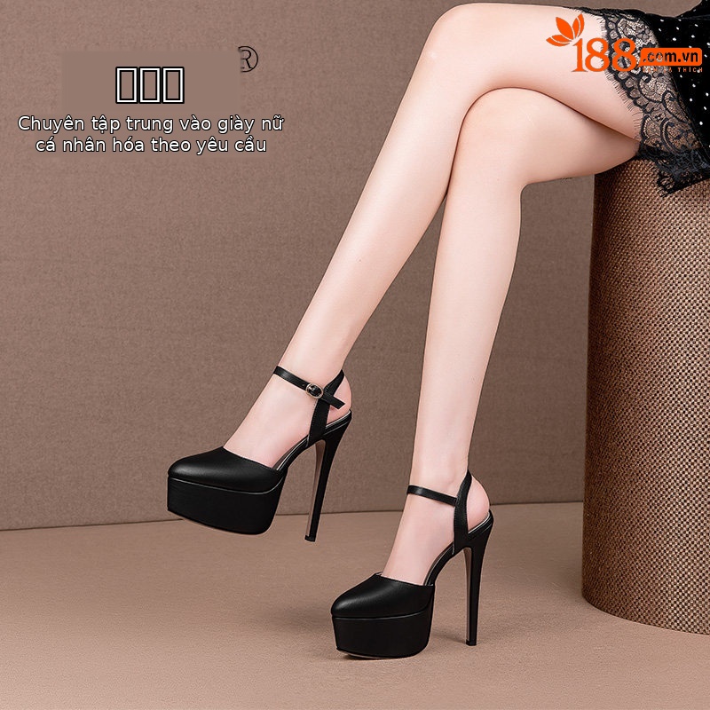 Sandal cao gót nữ mũi nhọn bít hở gót, gót siêu cao 8 cm, da bò thật — Đen, Mơ