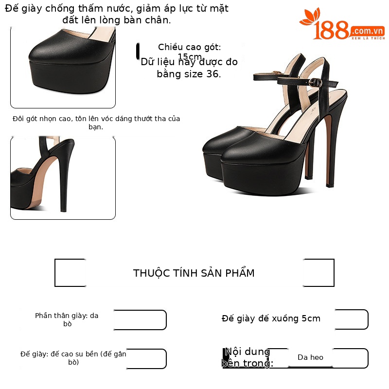 Sandal cao gót nữ mũi nhọn bít hở gót, gót siêu cao 8 cm, da bò thật — Đen, Mơ