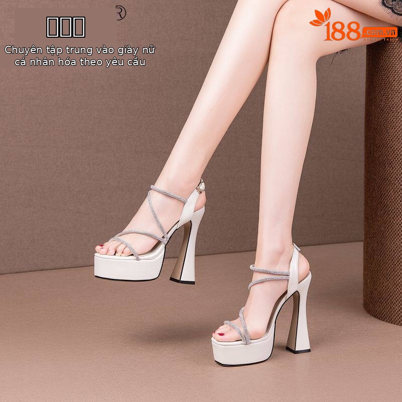 Sandal cao gót nữ quai mảnh đính đá mũi vuông hở mũi gót chunky đế platform chống nước — Đen, Be