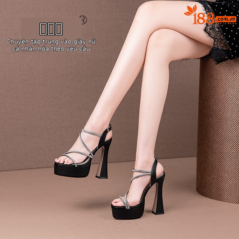 Sandal cao gót nữ quai mảnh đính đá mũi vuông hở mũi gót chunky đế platform chống nước — Đen, Be