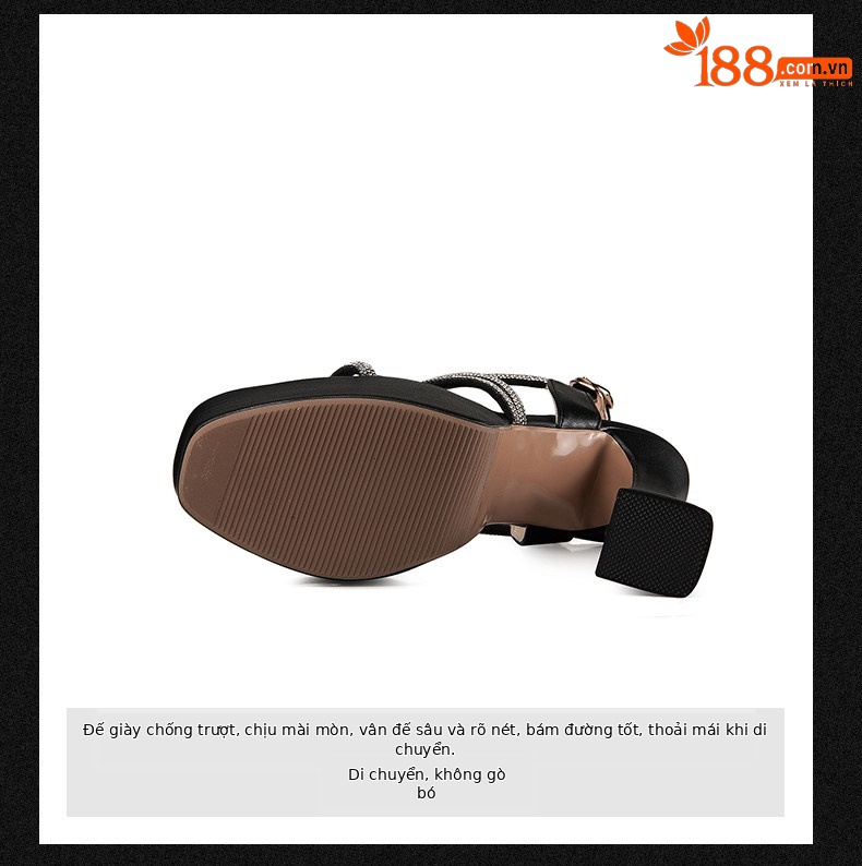 Sandal cao gót nữ quai mảnh đính đá mũi vuông hở mũi gót chunky đế platform chống nước — Đen, Be chi tiết 9