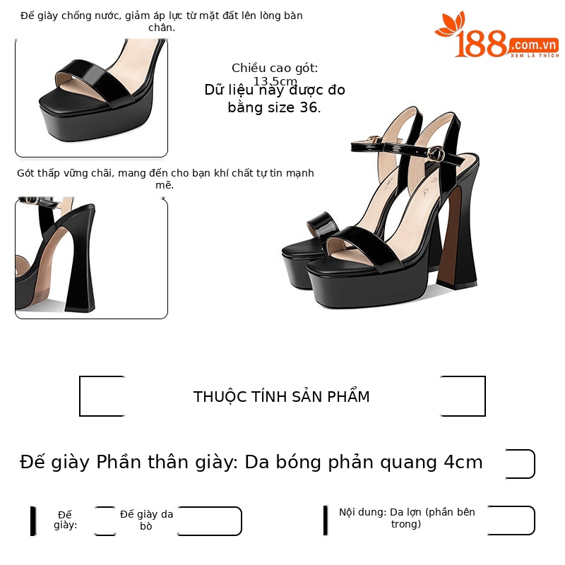 Sandal cao gót nữ mũi hở gót vuông chunky đế chống nước — Đen, Vàng, Bạc