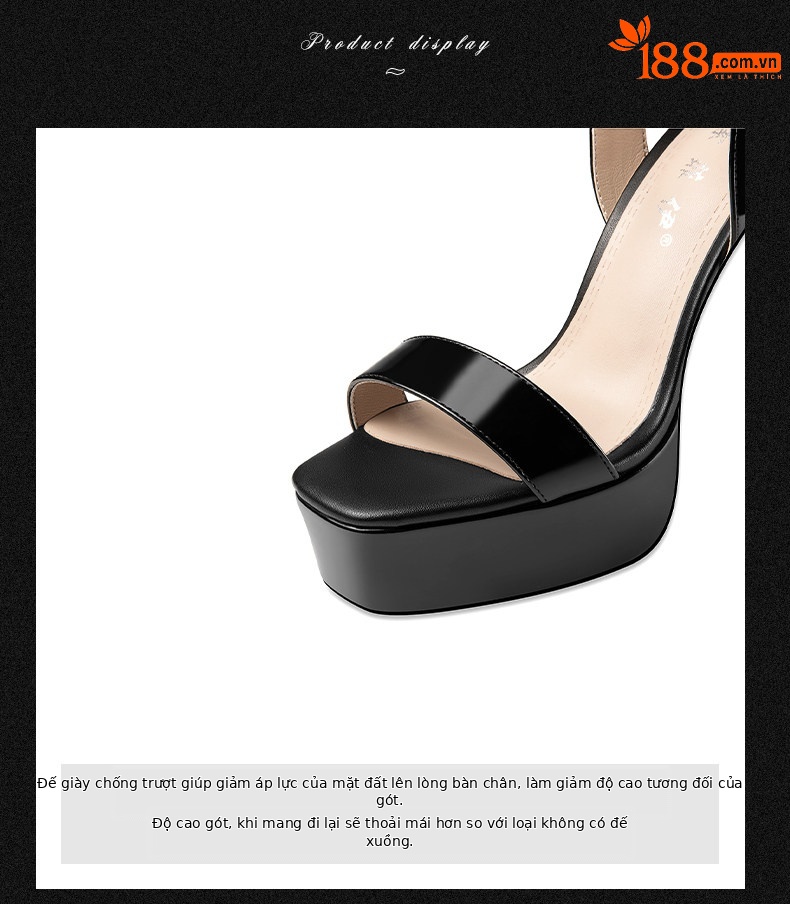 Sandal cao gót nữ mũi hở gót vuông chunky đế chống nước — Đen, Vàng, Bạc chi tiết 7