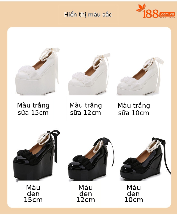 Sandal platform nữ dạ tiệc đính ngọc trai phong cách Pháp, đế xuồng siêu cao gót Mary Jane — Trắng 10cm, Trắng 12cm, Trắng 15cm, Đen 10cm chi tiết 5