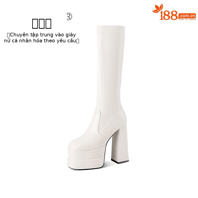 Boot nữ cổ cao gót siêu cao đế dày chunky, dây xích trang trí, phong cách châu Âu — Đen, Trắng