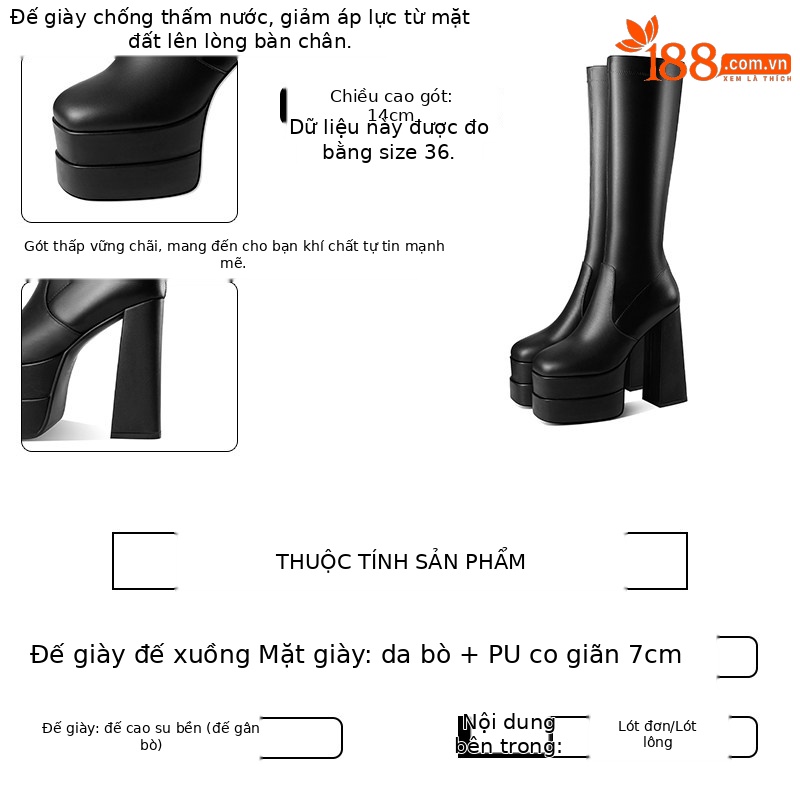 Boot nữ cổ cao gót siêu cao đế dày chunky, dây xích trang trí, phong cách châu Âu — Đen, Trắng