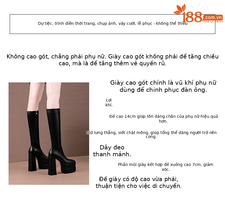 Boot nữ cổ cao gót siêu cao đế dày chunky, dây xích trang trí, phong cách châu Âu — Đen, Trắng chi tiết 2