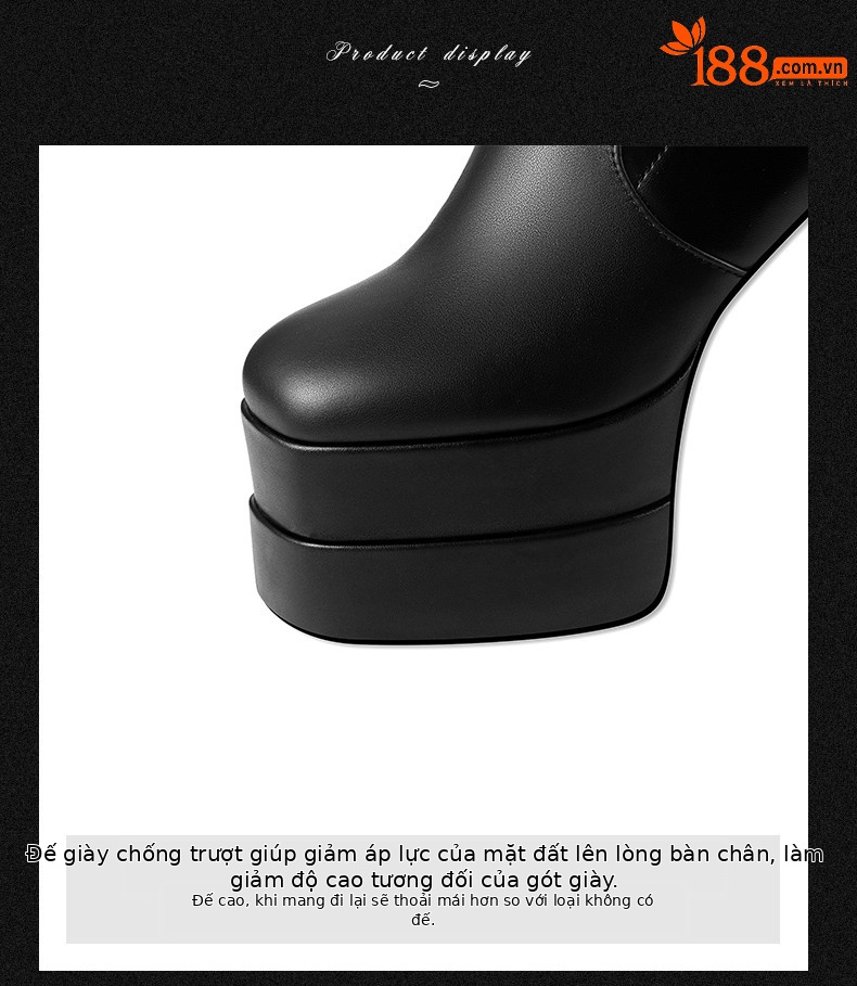 Boot nữ cổ cao gót siêu cao đế dày chunky, dây xích trang trí, phong cách châu Âu — Đen, Trắng chi tiết 7