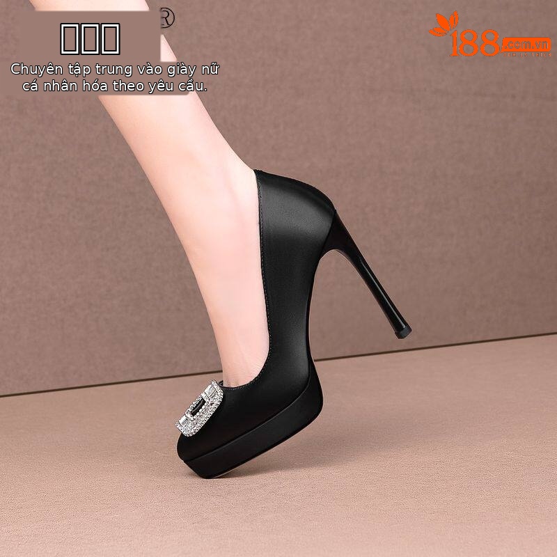 Giày cao gót nữ mũi nhọn đính đá khóa vuông, gót siêu cao 8 cm — Đen