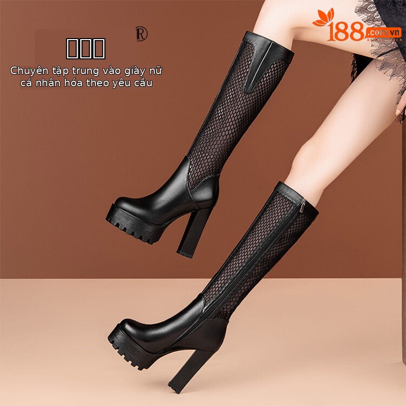 Boot cổ thấp nữ gót vuông cao 8 cm, mũi tròn, đế dày, chất liệu da bò thật kết hợp lưới thoáng khí, khóa kéo bên hông — Đen, Trắng