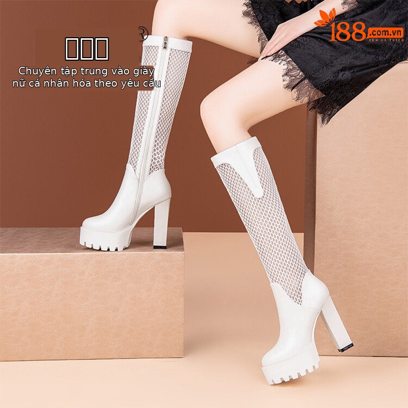 Boot cổ thấp nữ gót vuông cao 8 cm, mũi tròn, đế dày, chất liệu da bò thật kết hợp lưới thoáng khí, khóa kéo bên hông — Đen, Trắng