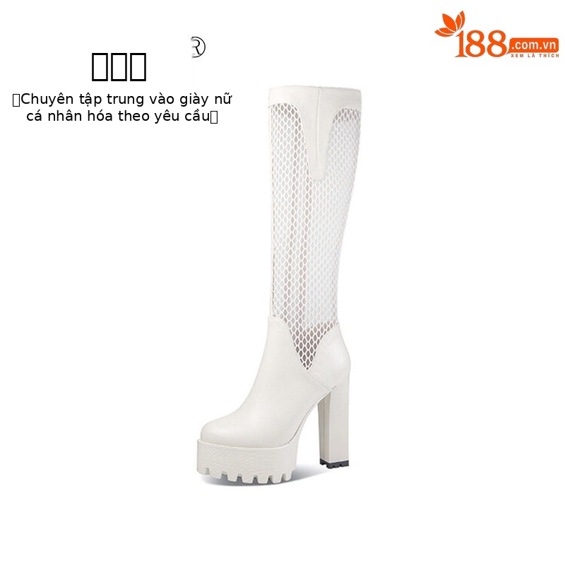 Boot cổ thấp nữ gót vuông cao 8 cm, mũi tròn, đế dày, chất liệu da bò thật kết hợp lưới thoáng khí, khóa kéo bên hông — Đen, Trắng