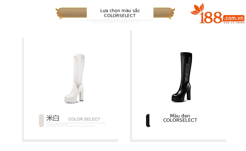 Boot cổ thấp nữ gót vuông cao 8 cm, mũi tròn, đế dày, chất liệu da bò thật kết hợp lưới thoáng khí, khóa kéo bên hông — Đen, Trắng chi tiết 1