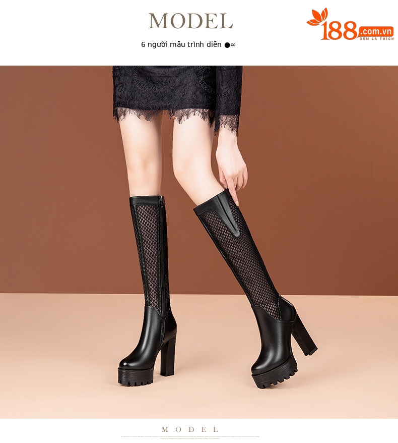 Boot cổ thấp nữ gót vuông cao 8 cm, mũi tròn, đế dày, chất liệu da bò thật kết hợp lưới thoáng khí, khóa kéo bên hông — Đen, Trắng chi tiết 3