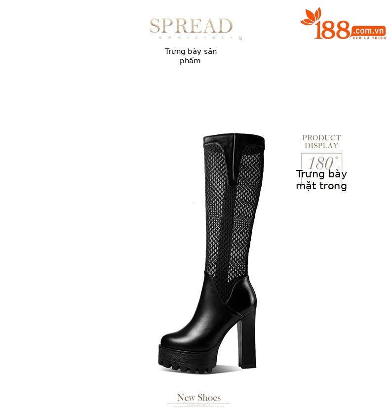 Boot cổ thấp nữ gót vuông cao 8 cm, mũi tròn, đế dày, chất liệu da bò thật kết hợp lưới thoáng khí, khóa kéo bên hông — Đen, Trắng chi tiết 9