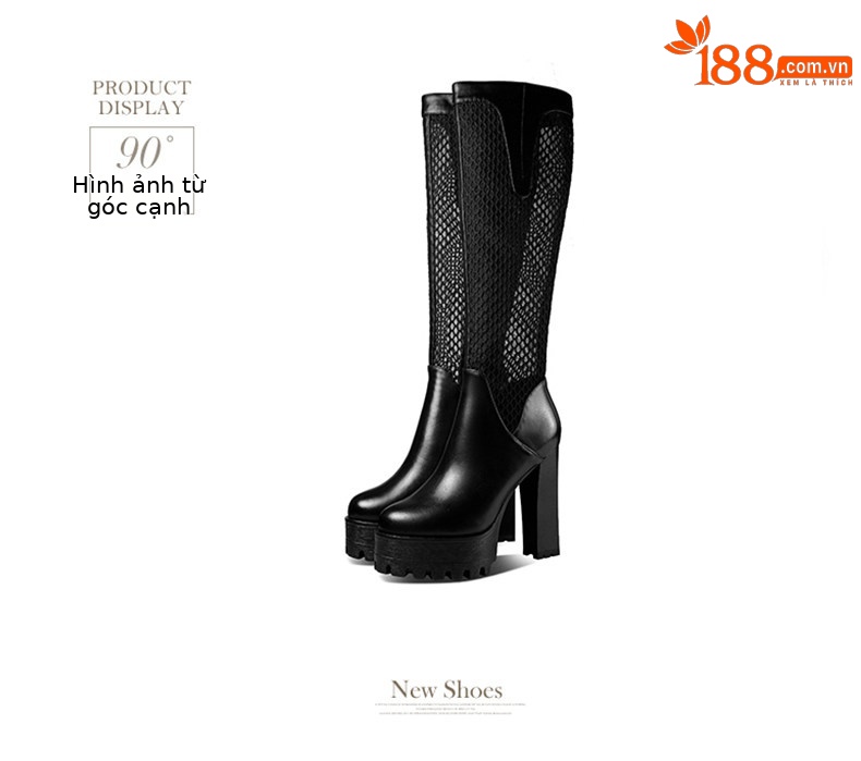 Boot cổ thấp nữ gót vuông cao 8 cm, mũi tròn, đế dày, chất liệu da bò thật kết hợp lưới thoáng khí, khóa kéo bên hông — Đen, Trắng chi tiết 10