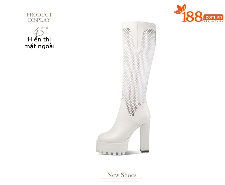 Boot cổ thấp nữ gót vuông cao 8 cm, mũi tròn, đế dày, chất liệu da bò thật kết hợp lưới thoáng khí, khóa kéo bên hông — Đen, Trắng chi tiết 11