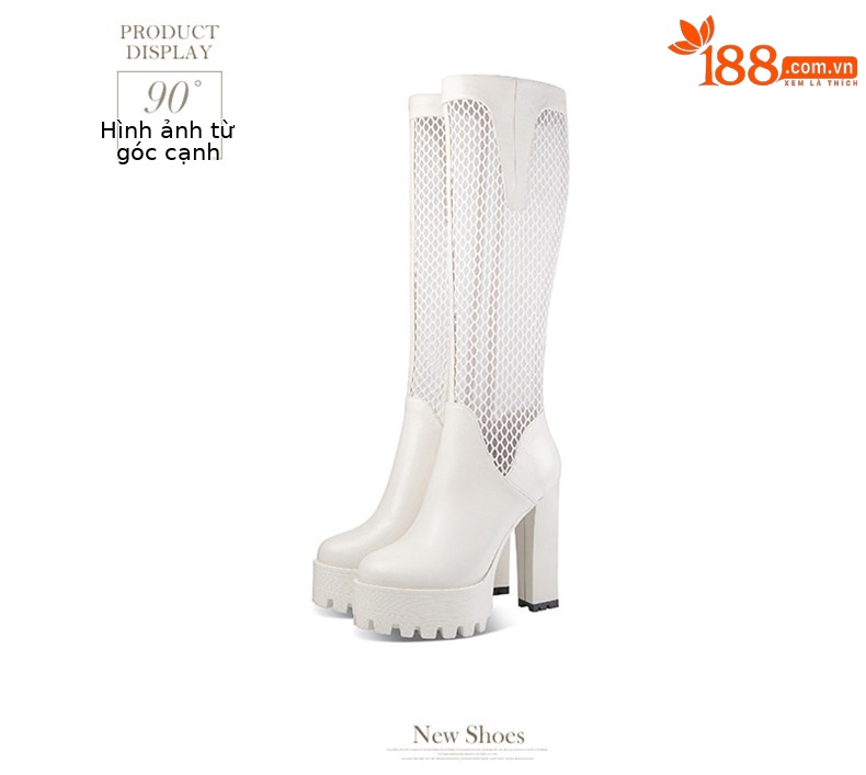 Boot cổ thấp nữ gót vuông cao 8 cm, mũi tròn, đế dày, chất liệu da bò thật kết hợp lưới thoáng khí, khóa kéo bên hông — Đen, Trắng chi tiết 12