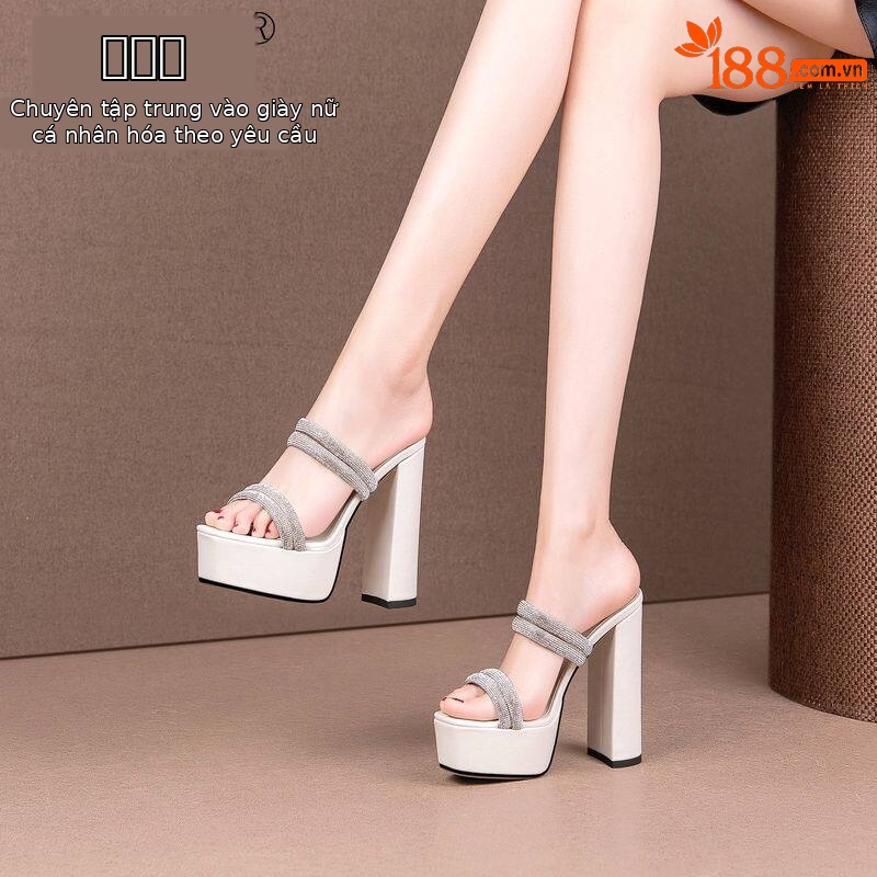 Sandal cao gót nữ đính đá mũi vuông hở mũi gót vuông dày — Đen, Be