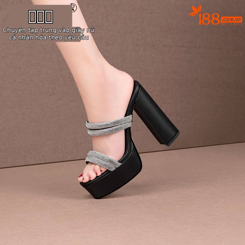 Sandal cao gót nữ đính đá mũi vuông hở mũi gót vuông dày — Đen, Be