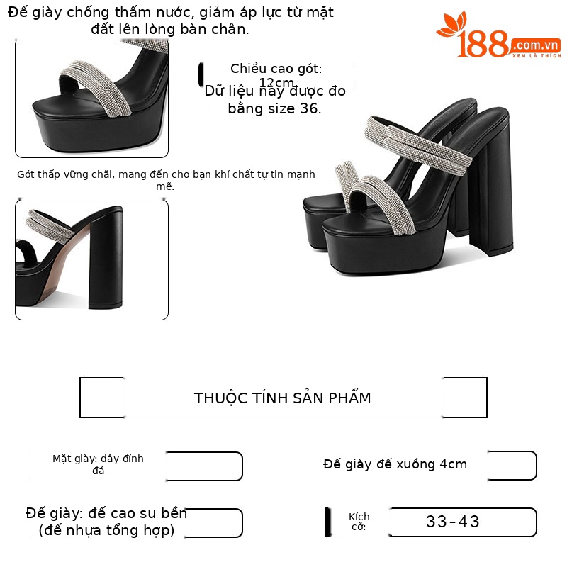 Sandal cao gót nữ đính đá mũi vuông hở mũi gót vuông dày — Đen, Be