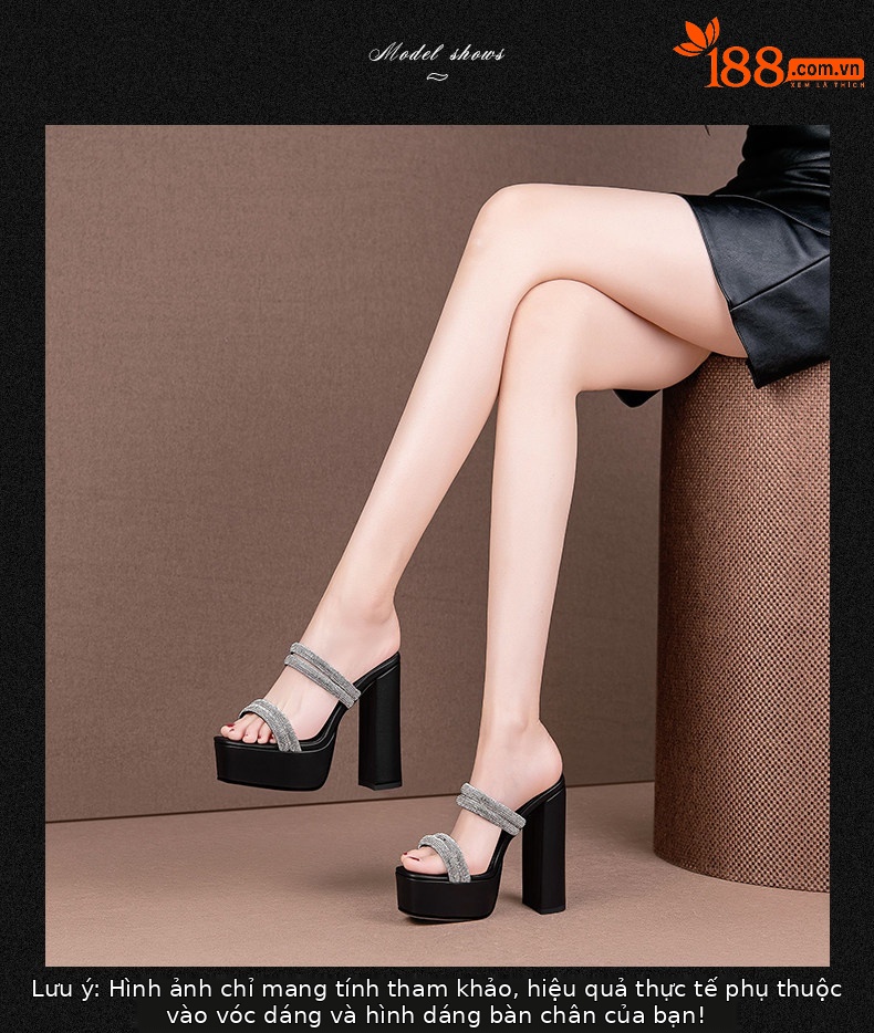 Sandal cao gót nữ đính đá mũi vuông hở mũi gót vuông dày — Đen, Be chi tiết 3