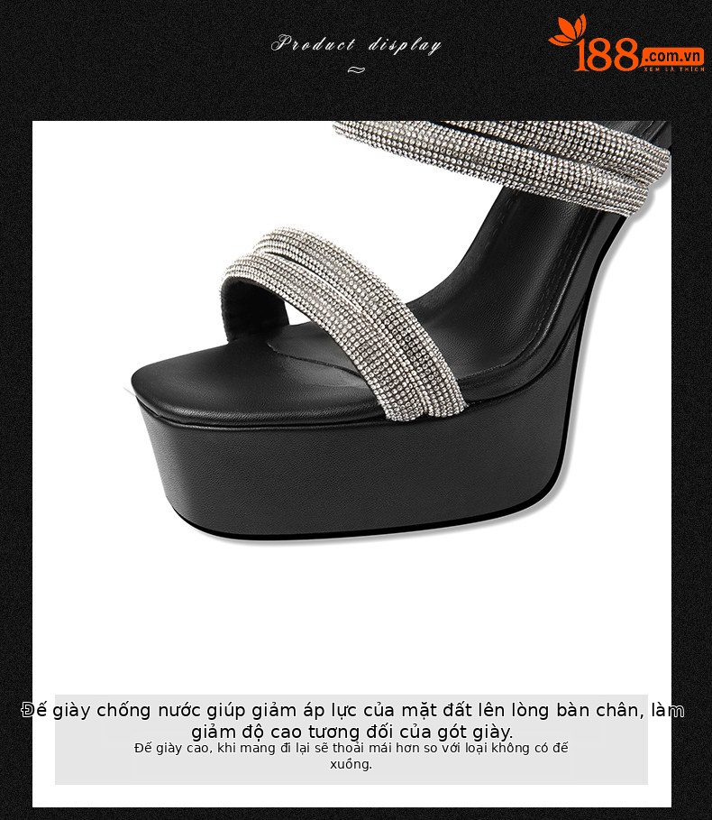 Sandal cao gót nữ đính đá mũi vuông hở mũi gót vuông dày — Đen, Be chi tiết 7