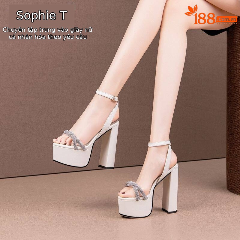 Sandal cao gót nữ da bò thật quai mắt cáo gót vuông hở mũi đính đá trắng — Đen, Be