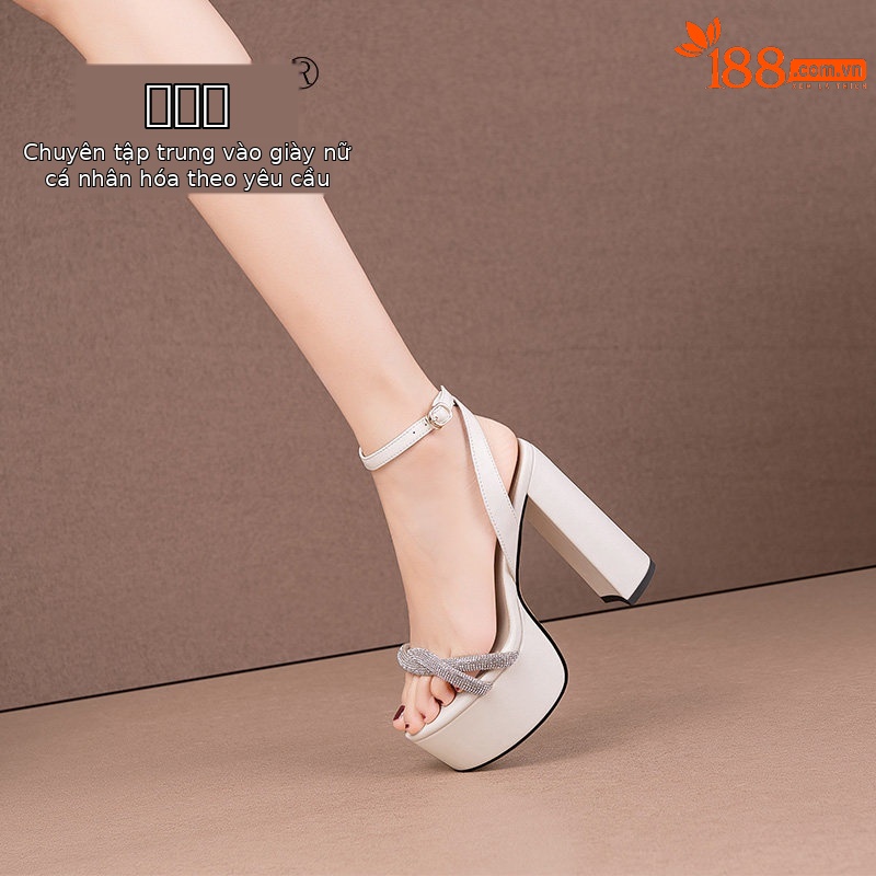 Sandal cao gót nữ da bò thật quai mắt cáo gót vuông hở mũi đính đá trắng — Đen, Be