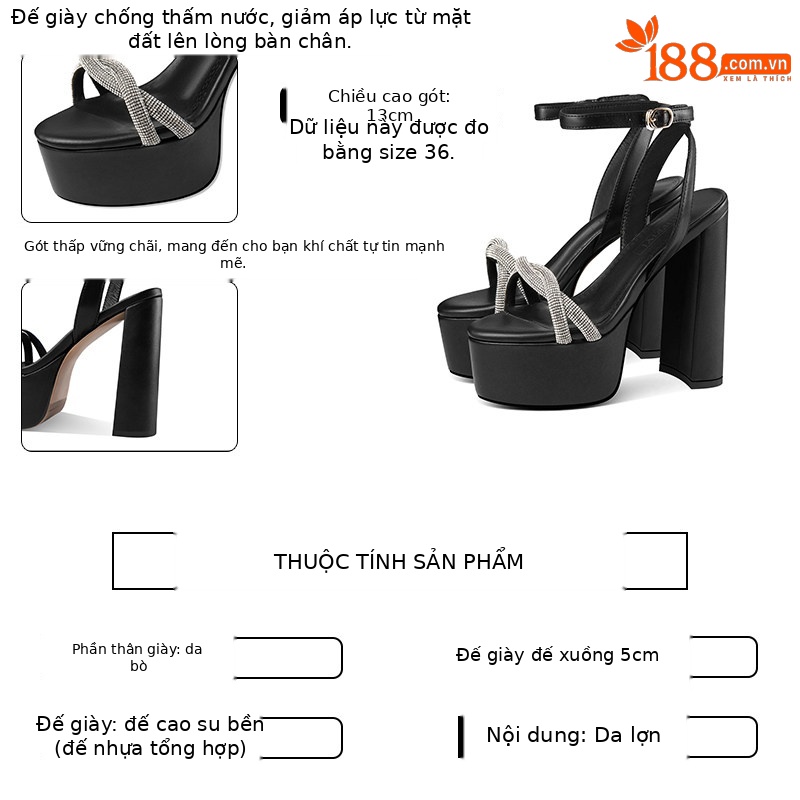 Sandal cao gót nữ da bò thật quai mắt cáo gót vuông hở mũi đính đá trắng — Đen, Be