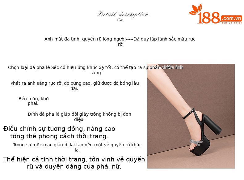 Sandal cao gót nữ da bò thật quai mắt cáo gót vuông hở mũi đính đá trắng — Đen, Be chi tiết 1