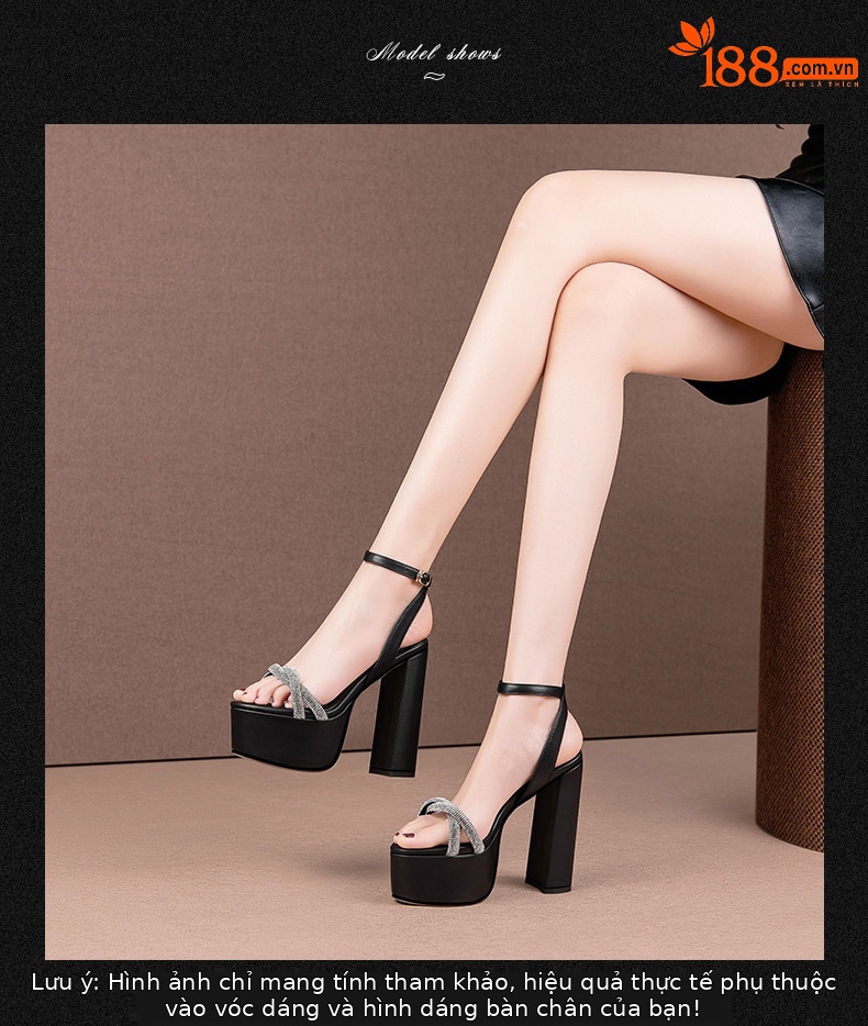 Sandal cao gót nữ da bò thật quai mắt cáo gót vuông hở mũi đính đá trắng — Đen, Be chi tiết 3