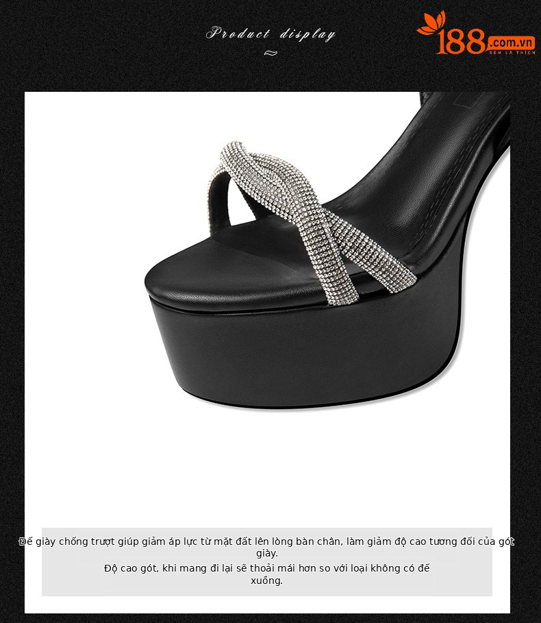 Sandal cao gót nữ da bò thật quai mắt cáo gót vuông hở mũi đính đá trắng — Đen, Be chi tiết 7