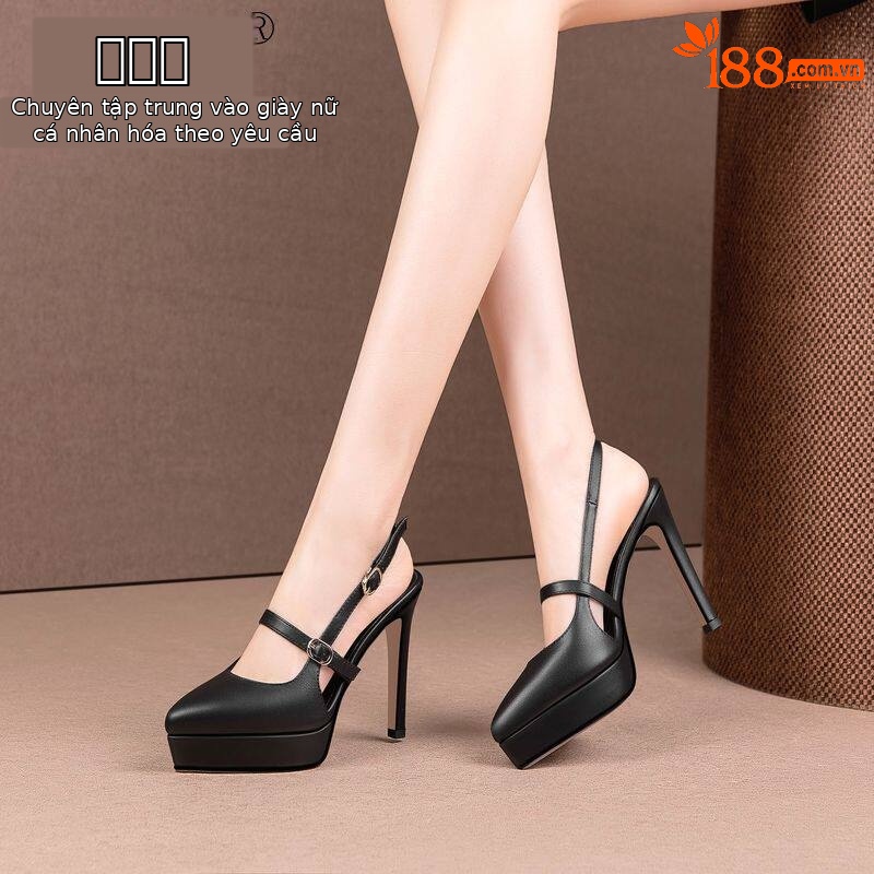 Sandal cao gót nữ mũi nhọn quai khóa một dây, gót siêu cao 8 cm, đế platform chống nước — Đen