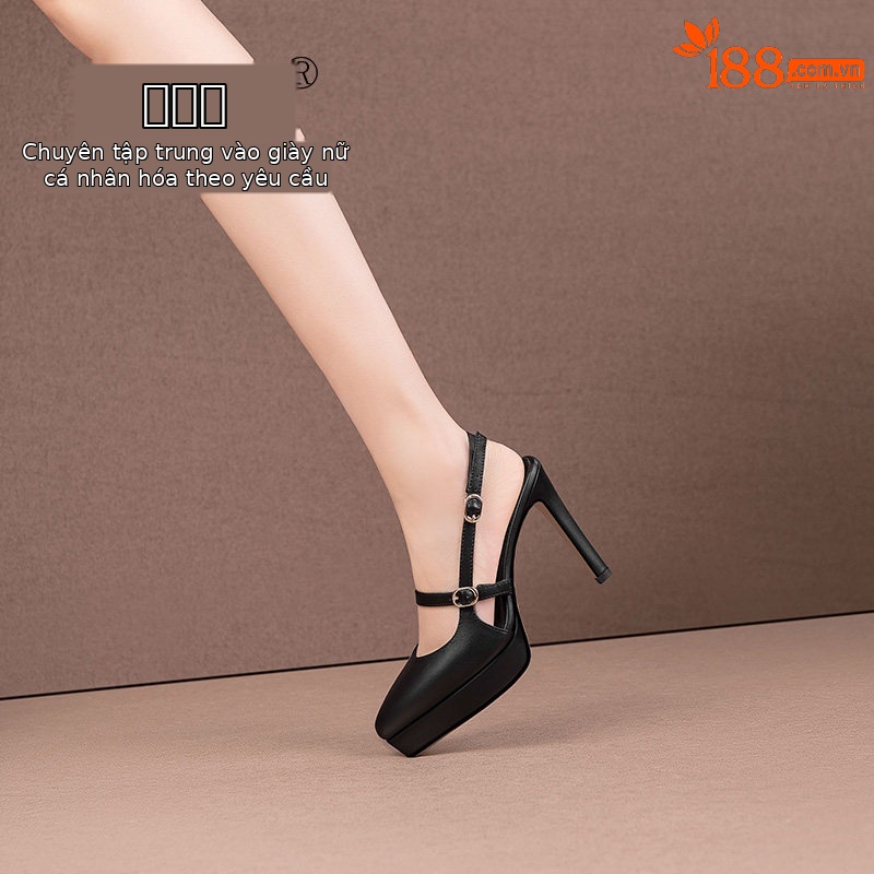 Sandal cao gót nữ mũi nhọn quai khóa một dây, gót siêu cao 8 cm, đế platform chống nước — Đen
