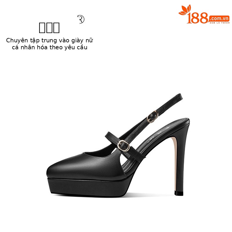 Sandal cao gót nữ mũi nhọn quai khóa một dây, gót siêu cao 8 cm, đế platform chống nước — Đen