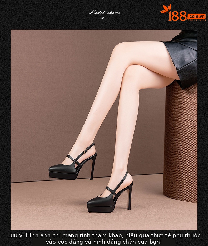 Sandal cao gót nữ mũi nhọn quai khóa một dây, gót siêu cao 8 cm, đế platform chống nước — Đen chi tiết 3