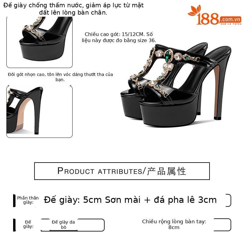 Sandal cao gót nữ hở mũi phong cách Pháp đính đá, gót nhọn 12–15 cm — Đen Cao Gót 12cm, Trắng Cao Gót 12cm, Đen Cao Gót 13cm, Trắng Cao Gót 13cm