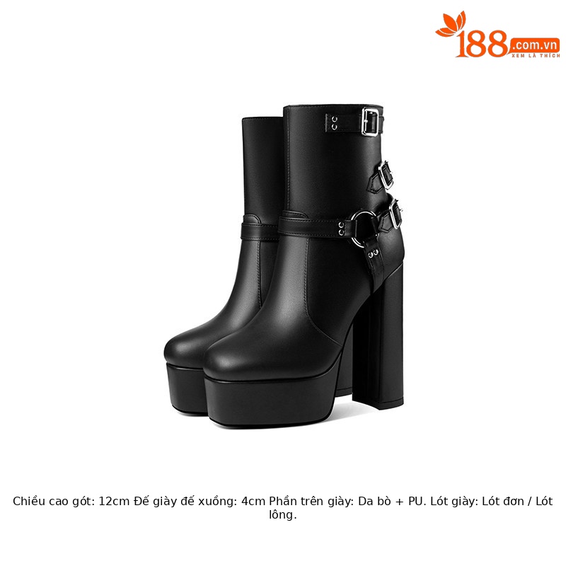 Boot cổ thấp chống nước đế platform gót vuông dáng slim cho nữ — Đen, Trắng