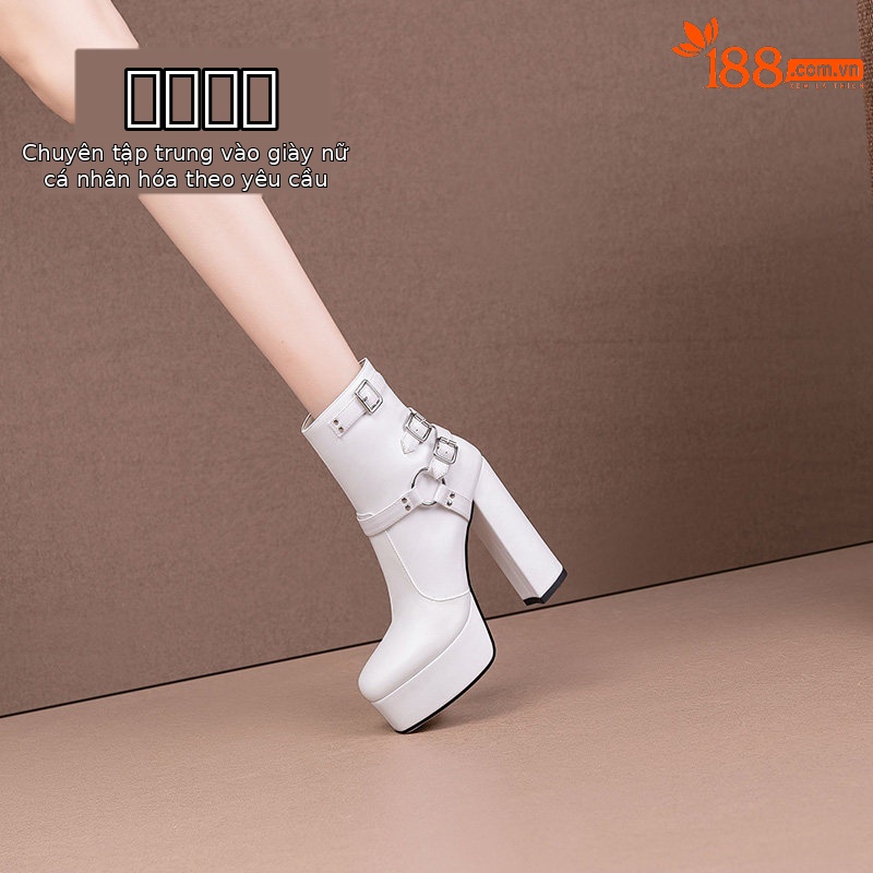 Boot cổ thấp chống nước đế platform gót vuông dáng slim cho nữ — Đen, Trắng