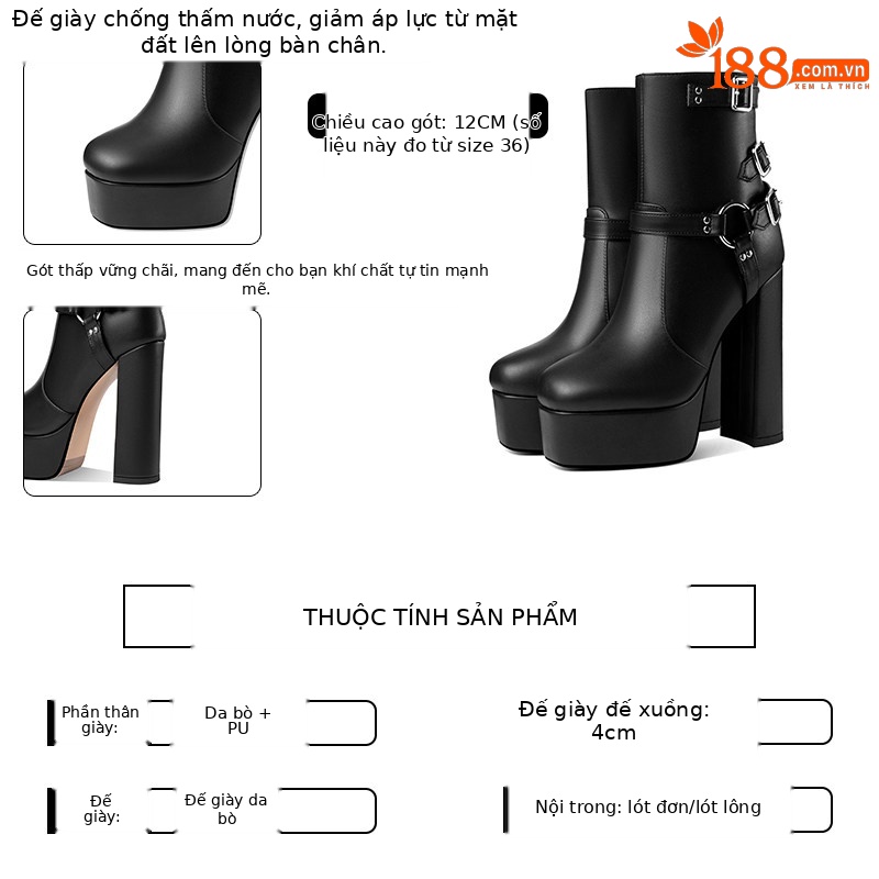 Boot cổ thấp chống nước đế platform gót vuông dáng slim cho nữ — Đen, Trắng