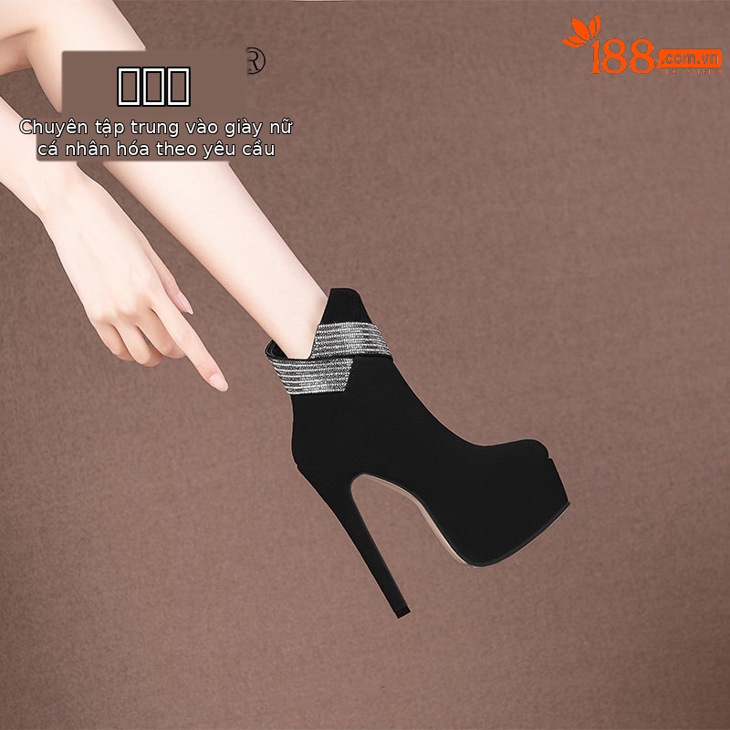 Boot cổ thấp nữ mũi tròn gót siêu cao đính đá dây xích — Đen Cao Gót 12cm, Đen Cao Gót 13cm, Đen Cao Gót 15cm